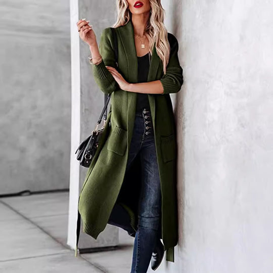 Damen Strickmantel mit eleganter Taillierung und praktischen Taschen EB