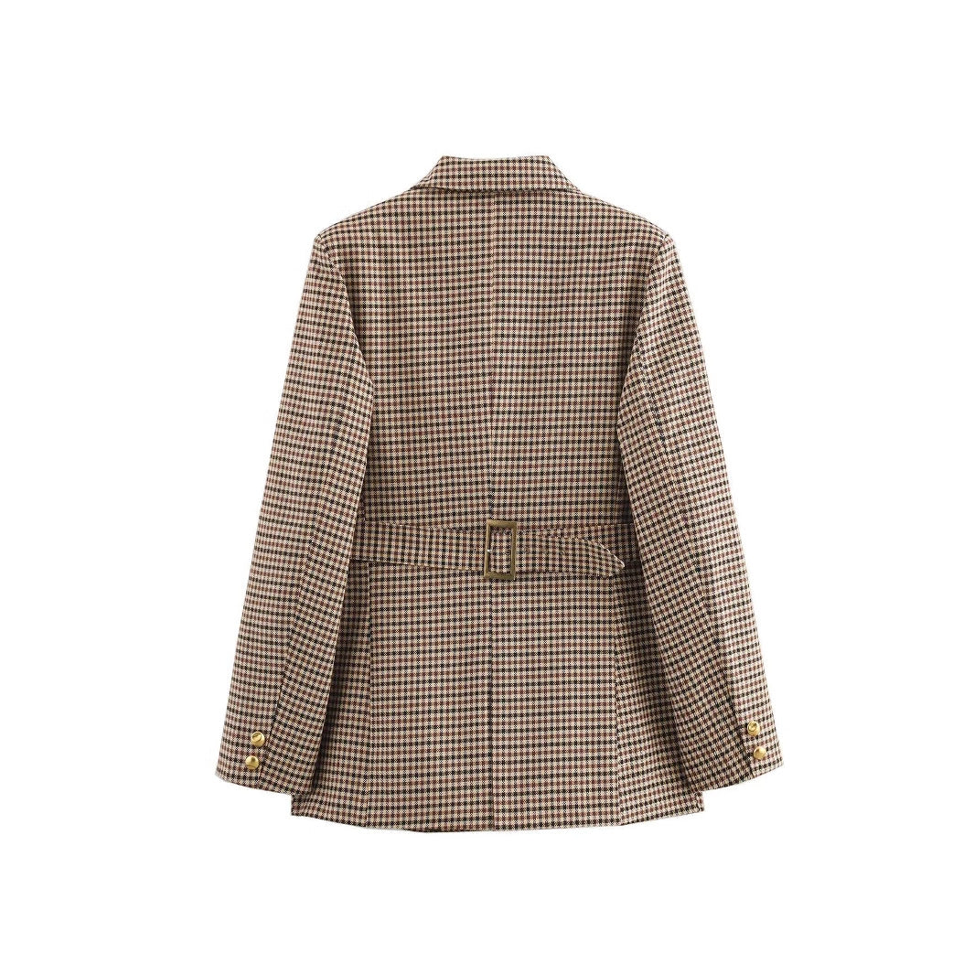 Damen elegante karierte Blazerjacke mit Goldknöpfen EB