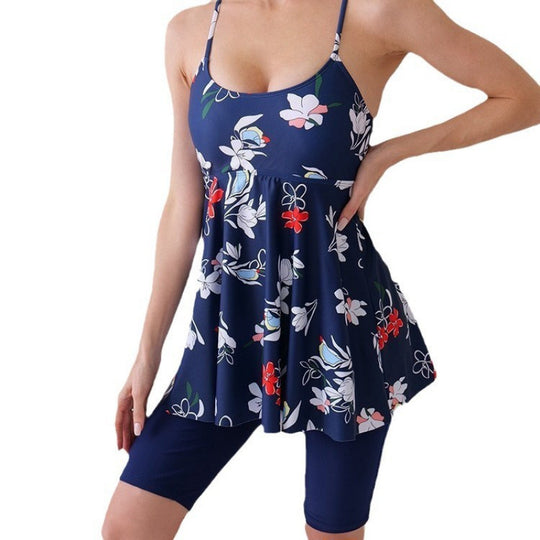 Damen Badeanzug mit floralem Rock-Design und sportlichen Shorts EB