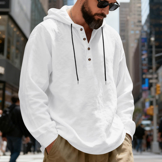 Herren nan legeres Henley-Kapuzenhemd mit Knopfleiste, Kordelzug und gerundetem Saum EB