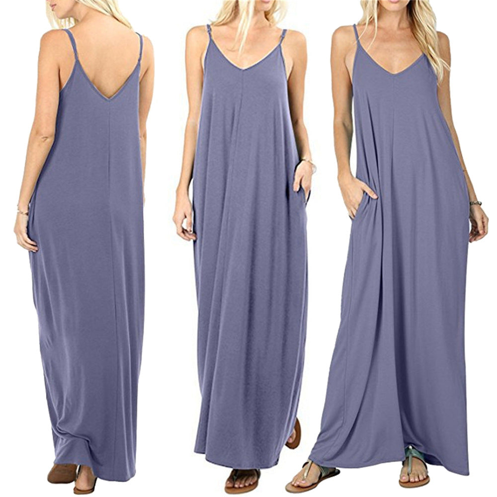 Damen Maxikleid mit spaghettiträgern und praktischen seitlichen Taschen EB