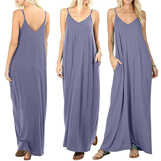 Damen Maxikleid mit spaghettiträgern und praktischen seitlichen Taschen EB