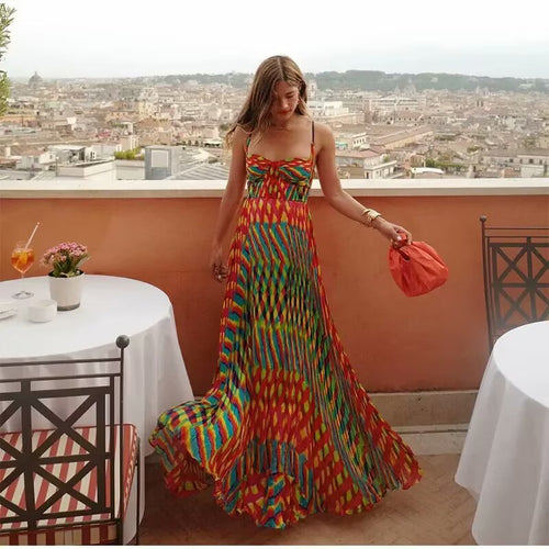 Damen Maxikleid mit auffälligem geometrischen Muster und verstellbaren Spaghetti-Trägern EB