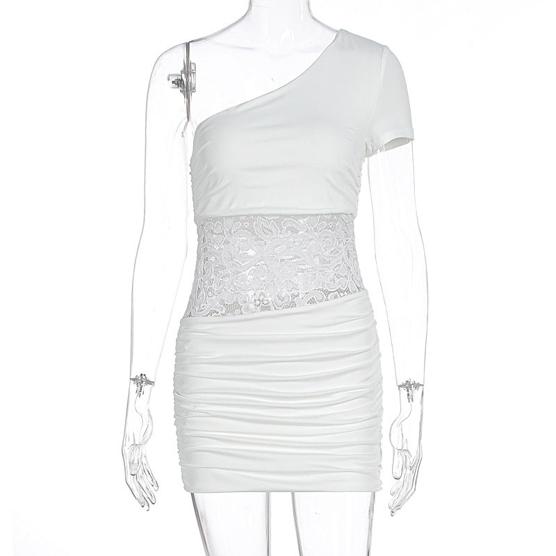 Damen Einseitig Träger Mini-Kleid mit Spitzenbund und Raffungen EB