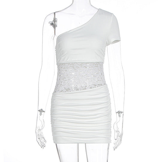 Damen Einseitig Träger Mini-Kleid mit Spitzenbund und Raffungen EB