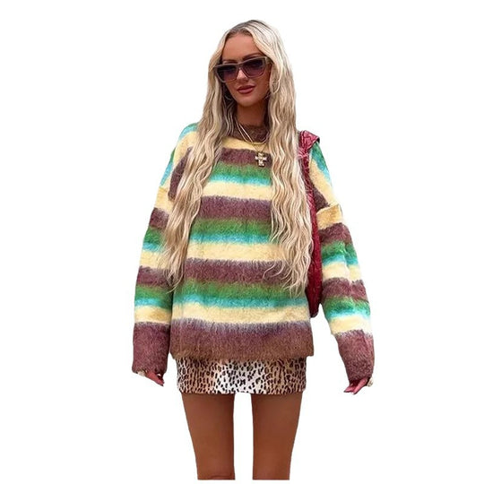 Damen Oversized Strickpullover mit farbenfrohen Streifen EB