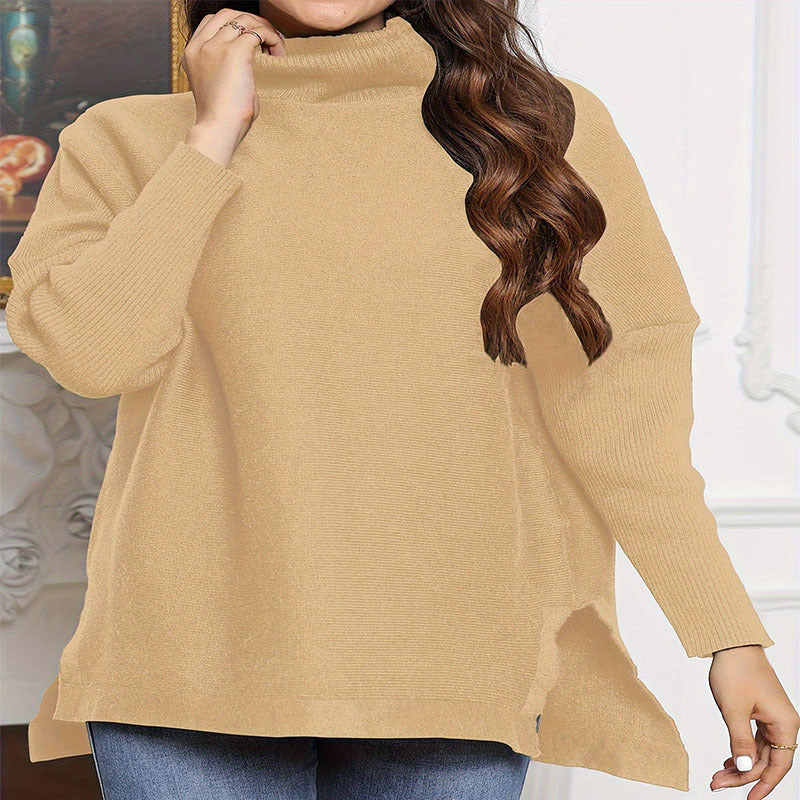 Damen Oversized Strickpullover mit hohem Kragen und seitlichen Schlitzen EB