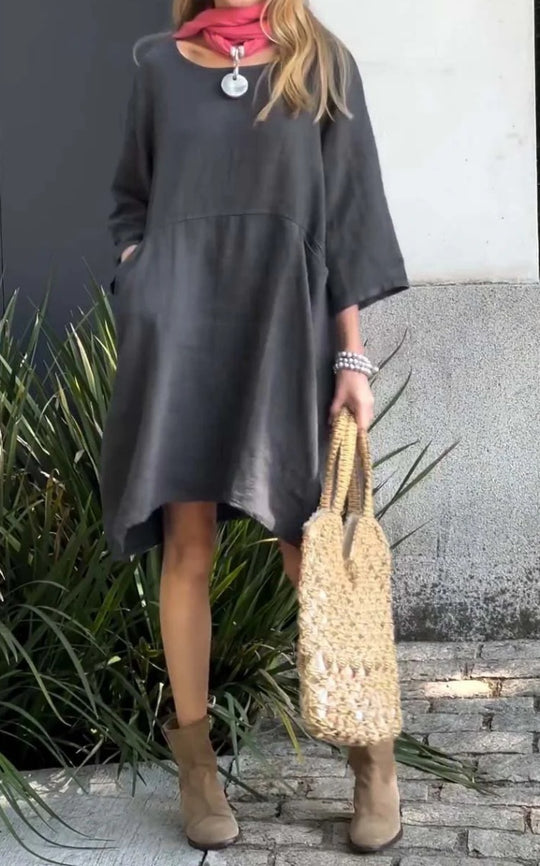 Damen lässiges Leinenkleid mit praktischen Taschen und asymmetrischem Saum EB