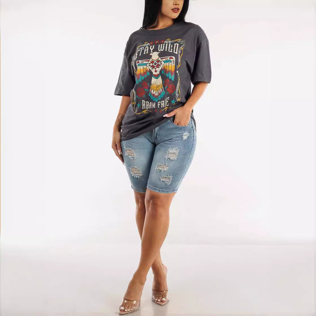 Damen Ripped Denim Shorts mit regulierbarem Bund und modischen Zierflicken EB