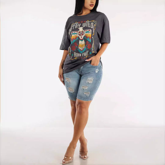 Damen Ripped Denim Shorts mit regulierbarem Bund und modischen Zierflicken EB