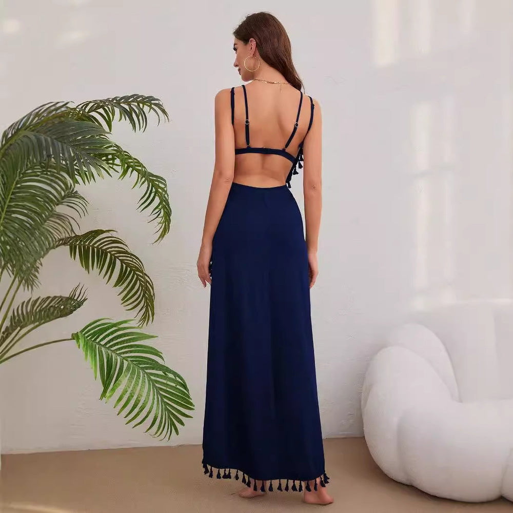 Damen Elegantes Maxikleid mit verspielten Quasten und hohem Beinschlitz EB
