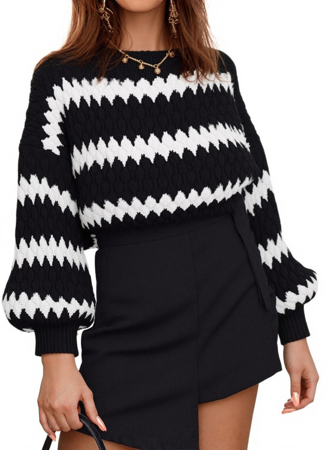 Damen Grobstrickpullover mit auffälligem Wellenmuster und lässigem Schnitt EB