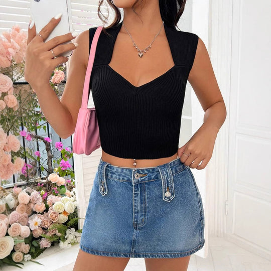 Damen Elegantes Crop-Top mit V-Ausschnitt und feiner Rippenstruktur EB