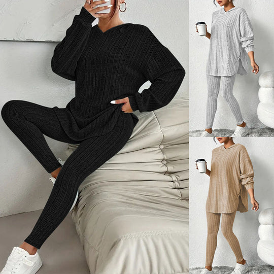Damen Leggings-Set mit strukturiertem Langarmoberteil und bequemer Passform EB