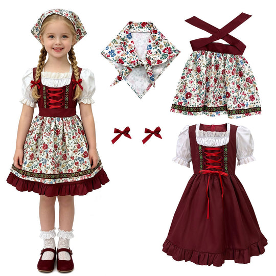 Damen nan traditionelles Kinderdirndl mit Schürze Haarband Spitzenbluse und Zierschnürung EB