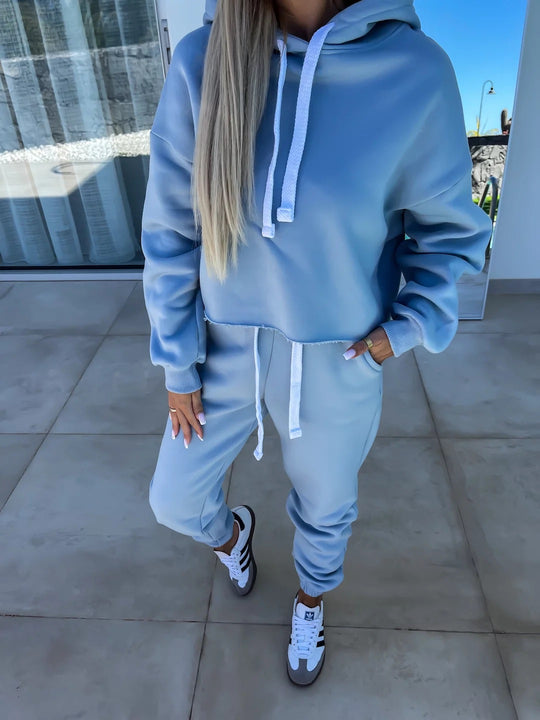Damen modernes Hoodie-Jogginganzug-Set mit elastischem Bund und Kontrastdetails EB