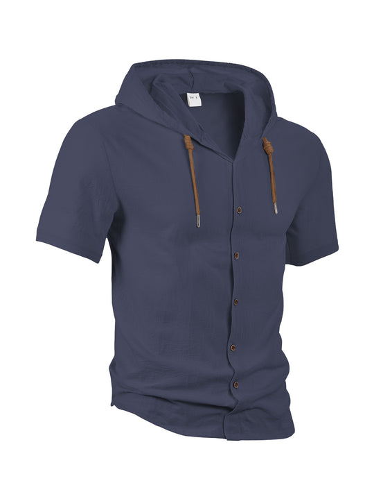 Herren nan tailliertes Kurzarm-Kapuzenshirt in Struktur-Leinenoptik mit Holzoptikknöpfen und Kordel EB