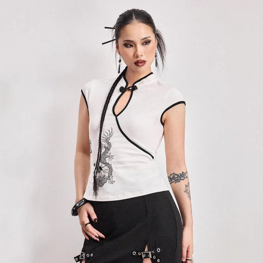 Damen Chinesische Seidenbluse mit kunstvollem Drachenmotiv EB