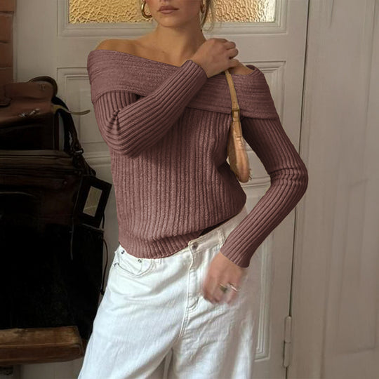 Damen nan Off-Shoulder Rippstrickpullover mit schmaler Silhouette und gerolltem Ausschnitt EB
