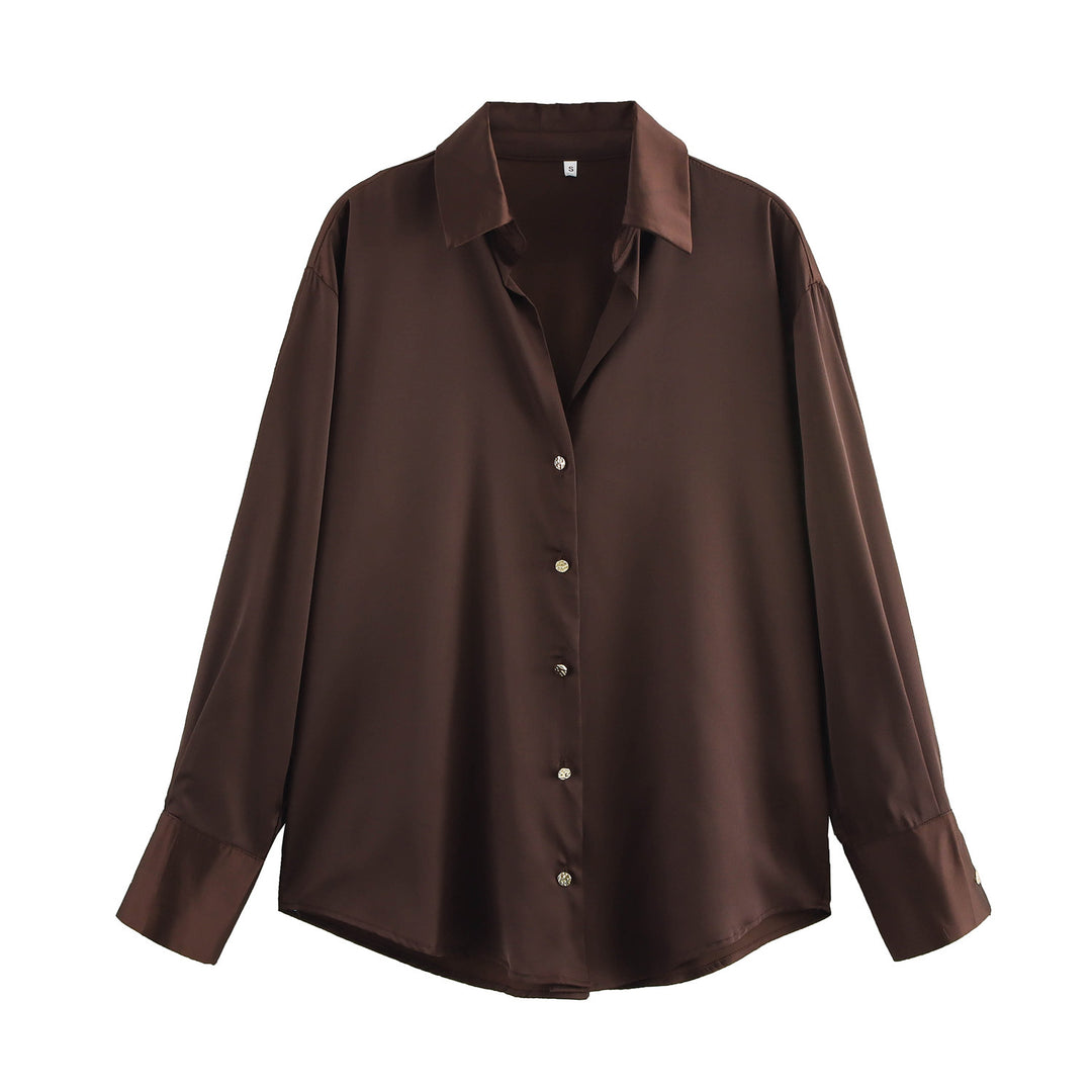 Damen nan oversized Satinbluse mit Hemdkragen, verlängerten Manschetten und abgerundetem Saum EB