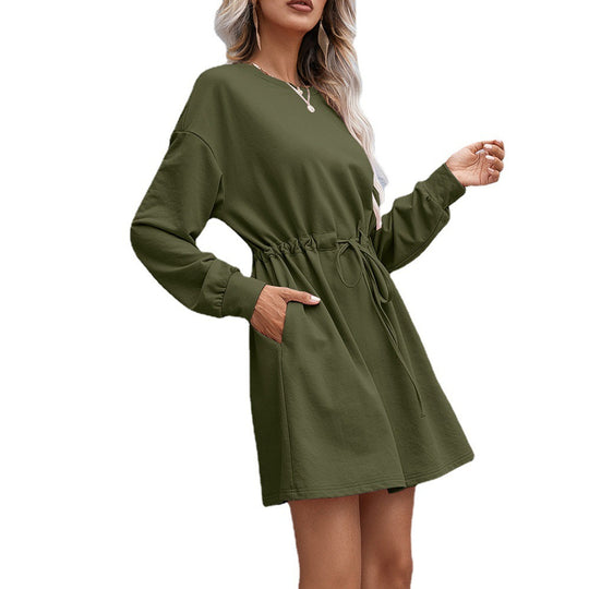 Damen lässiges Sweatshirt-Kleid mit praktischer Taillenschnürung und seitlichen Taschen EB