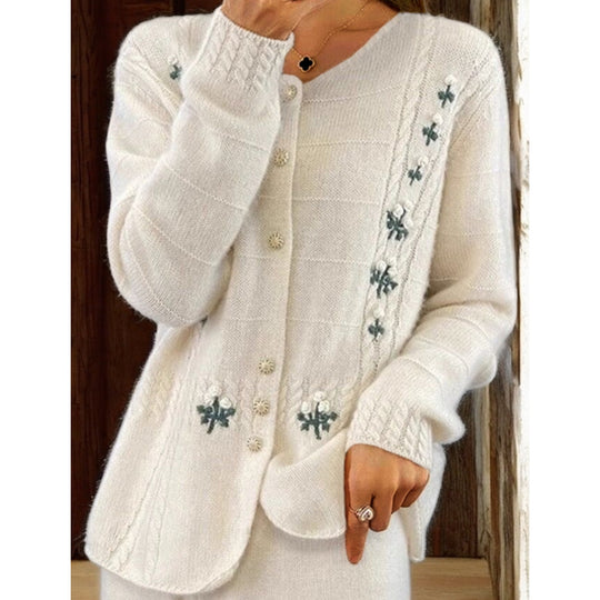 Damen nan Strickcardigan mit floraler Reliefstickerei und Zopfmuster EB
