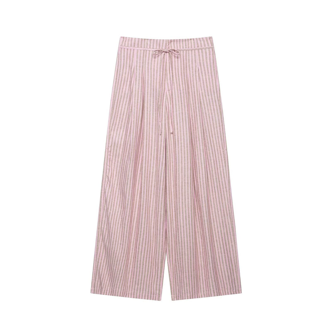 Damen nan weite Leinenhose mit Streifenmuster und Kordelzug EB
