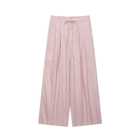 Damen nan weite Leinenhose mit Streifenmuster und Kordelzug EB