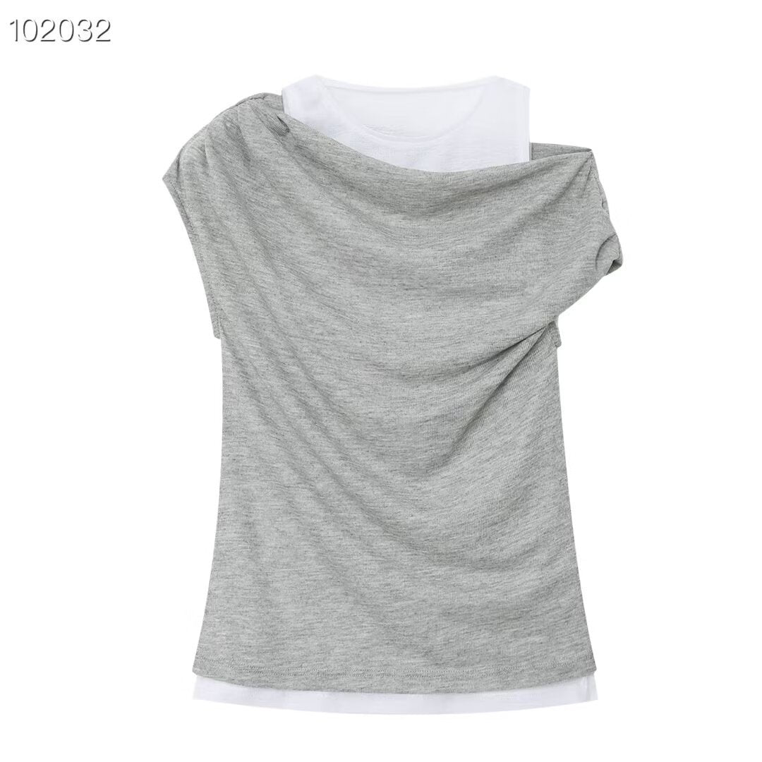 Damen lässiges Overlay T-Shirt mit asymmetrischem Schnitt und eleganten Falten EB
