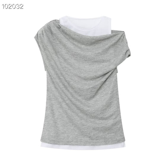 Damen lässiges Overlay T-Shirt mit asymmetrischem Schnitt und eleganten Falten EB
