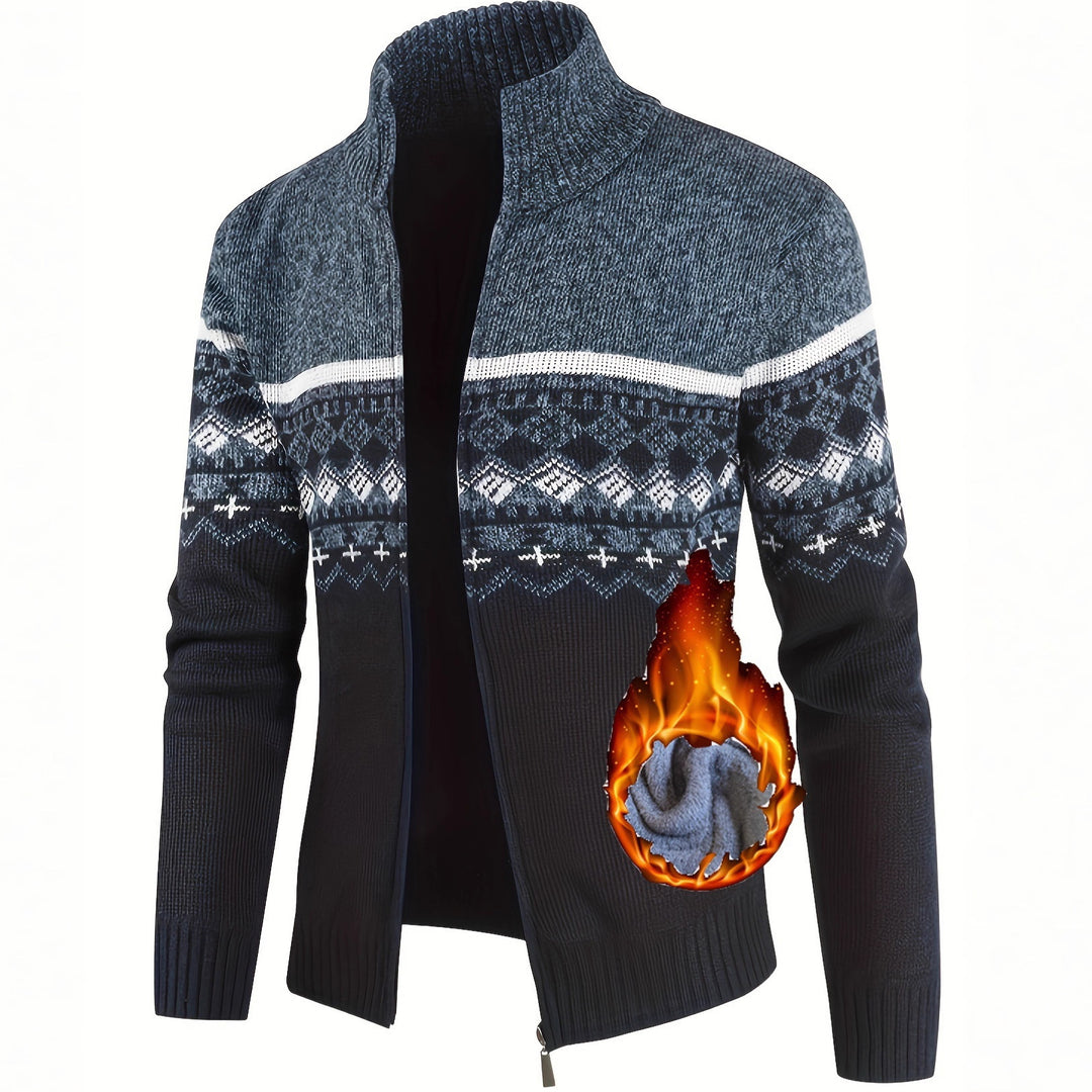 Herren Thermo-Strickjacke mit Stehkragen und Reißverschluss Norwegerstrick Fleece-gefüttert EB