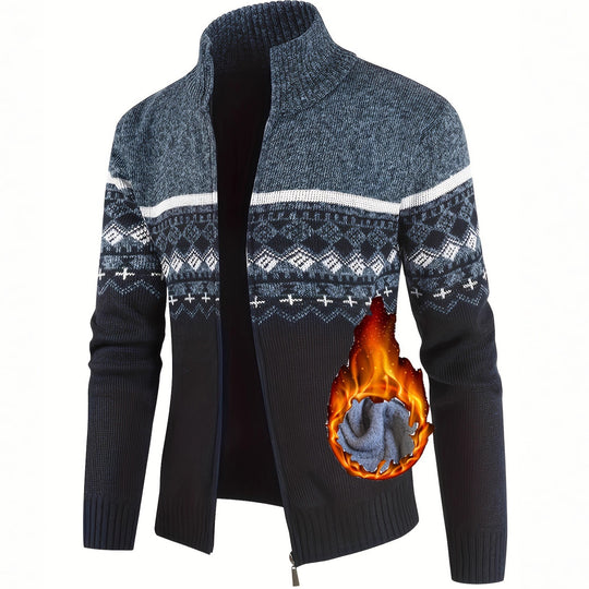 Herren Thermo-Strickjacke mit Stehkragen und Reißverschluss Norwegerstrick Fleece-gefüttert EB