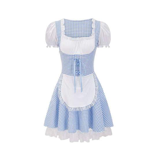 Damen nan Trachtenkleid im Vichy-Stil mit Puffärmeln, Schnürkorsett und Spitzenschürze EB