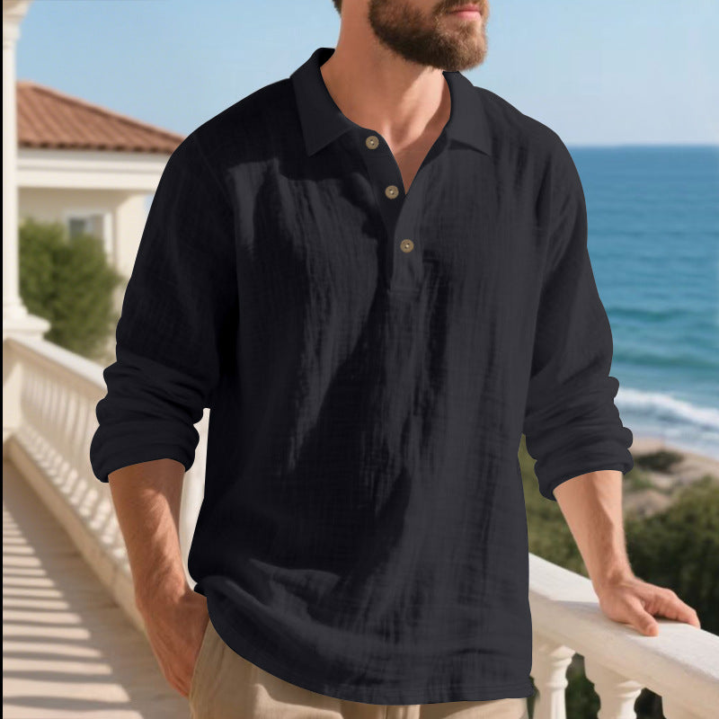 Herren lässiges Langarm-Polohemd mit strukturierten Details und hochwertigen Knöpfen EB