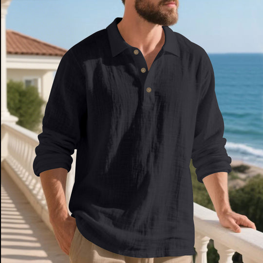 Herren lässiges Langarm-Polohemd mit strukturierten Details und hochwertigen Knöpfen EB