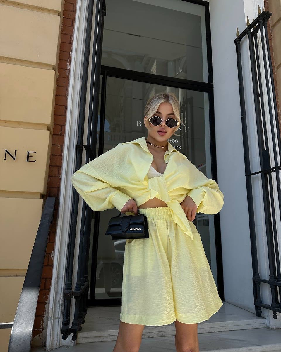 Damen Zweiteiliges texturiertes Loungewear‑Set mit Oversized‑Hemd und elastischer Taillen‑Shorts EB