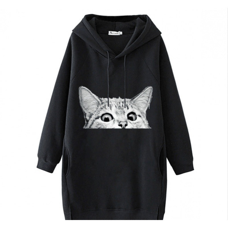Damen Oversize Kapuzenkleid aus Sweat mit großem Katzenprint und Seitentaschen EB