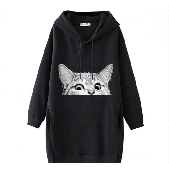 Damen Oversize Kapuzenkleid aus Sweat mit großem Katzenprint und Seitentaschen EB