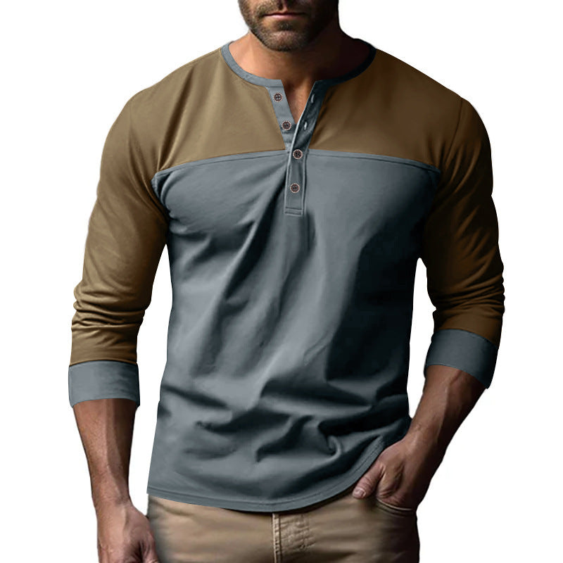 Herren nan zweifarbiges Langarmshirt im Henley-Stil mit Schulterpasse, kurzer Knopfleiste und Rippbündchen EB