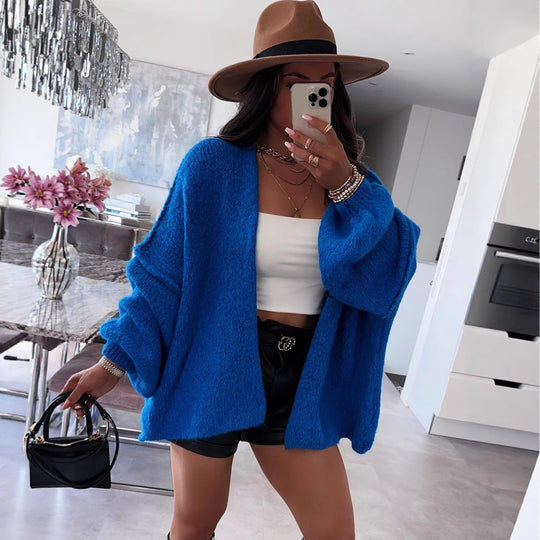 Damen oversized Strickjacke mit lässigen Ballonärmeln und strukturiertem Material EB