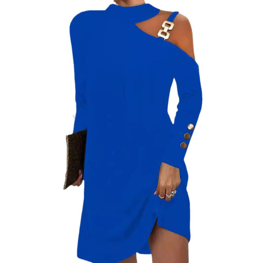 Damen nan asymmetrisches Minikleid mit Stehkragen, Cut-Out-Schulter und Zierkettenträger EB