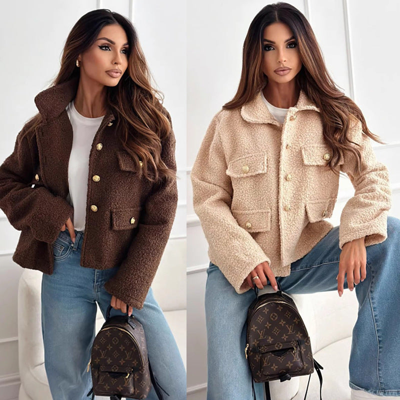 Damen kuschelige Teddyjacke mit modernem Schnitt und großen Taschen EB