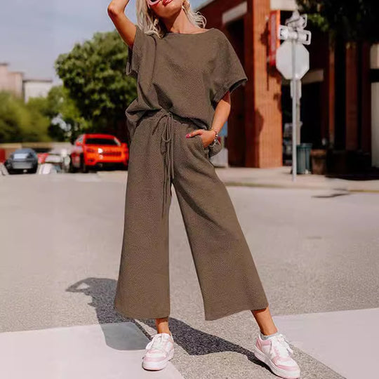 Damen lässiges Jumpsuit-Set aus weichem Material mit elastischem Bund und weit geschnittenen Beinen EB