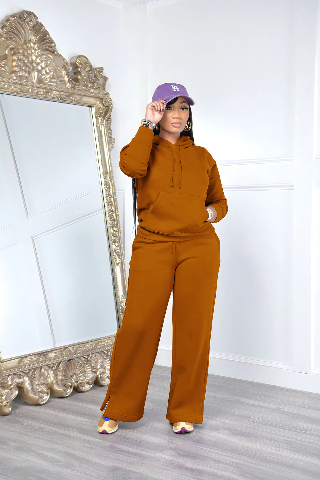 Damen nan Relax-Loungewear-Set mit weitem Highwaist-Palazzo-Jogger, Kapuzenpullover mit Kängurutasche und seitlichem Saumschlitz EB