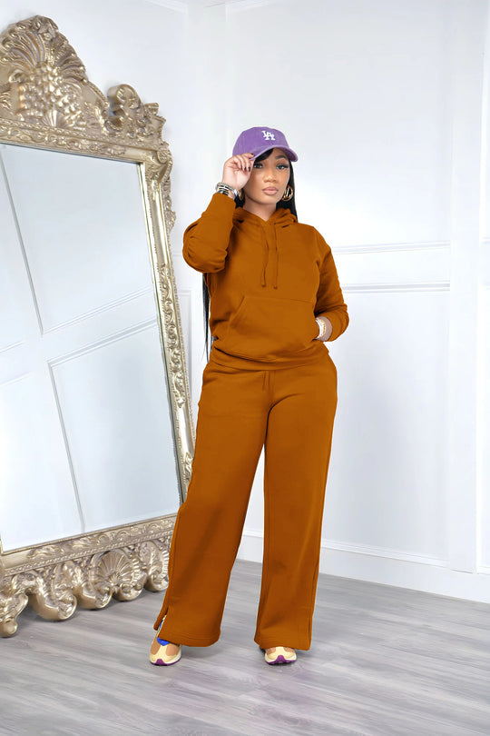 Damen nan Relax-Loungewear-Set mit weitem Highwaist-Palazzo-Jogger, Kapuzenpullover mit Kängurutasche und seitlichem Saumschlitz EB