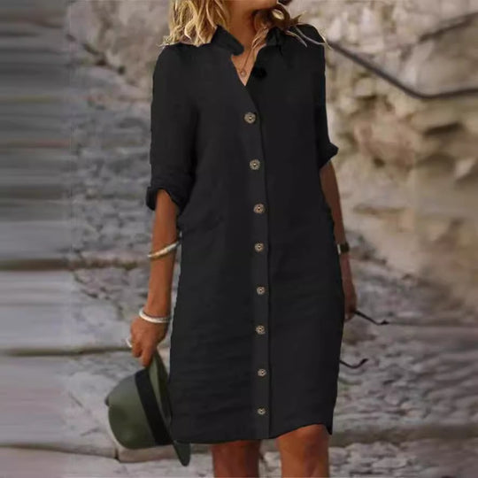 Damen Leinenhemdkleid mit Knopfleiste und umschlagbaren Ärmeln EB