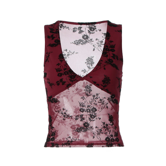 Damen elegantes Spitzentop mit floralem Muster und tiefem V-Ausschnitt EB