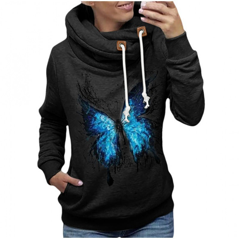Damen Kapuzenpullover mit hohem Schlauchkragen, Kängurutasche und Schmetterlingsprint EB