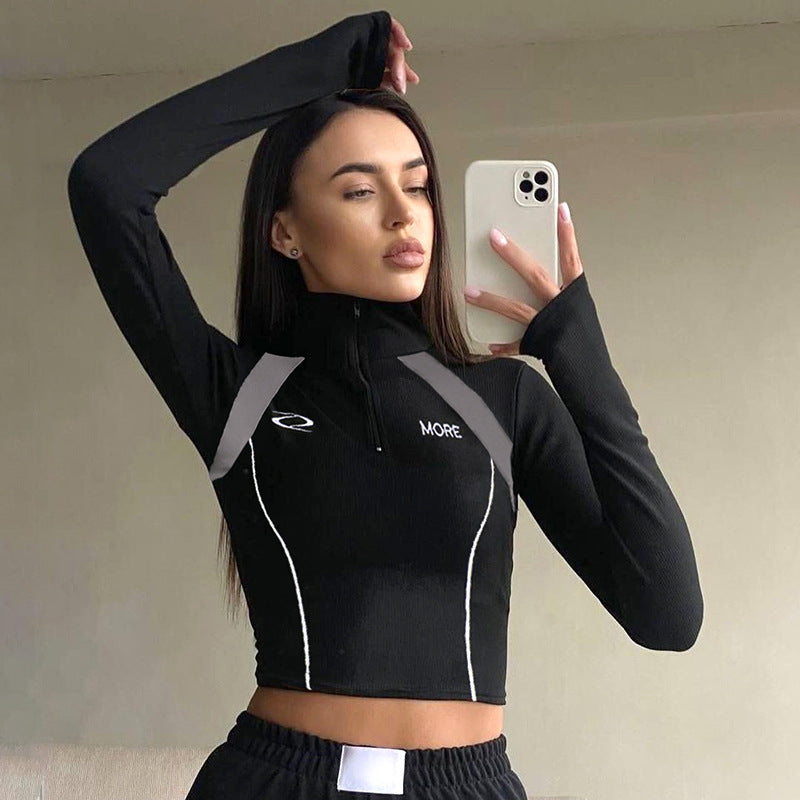 Damen Sportliches Kurzarm-Top mit Reißverschluss und kontrastierenden Nähte EB