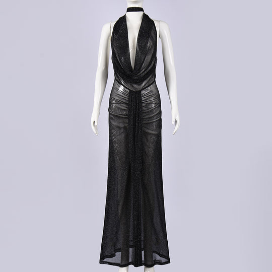 Sexy durchsichtiges, rückenfreies, tiefes V-Trägerkleid aus Europa und den USAl EB